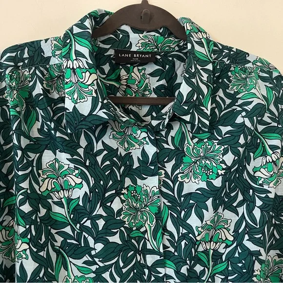 Lane Bryant Green & White Button Down Cotton Blouse with Tie Sleeves 26/28 - Picture 8 of 16